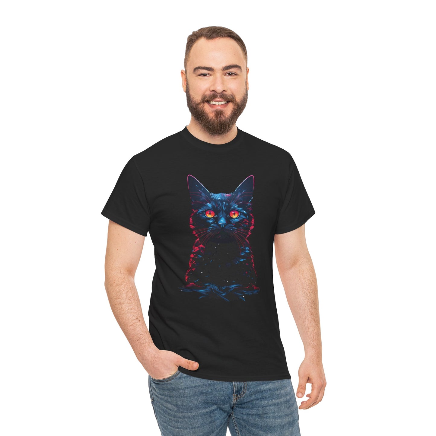 Glowing Black Kitty Cat Orange Eyes Unisex Heavy Cotton Tee | Vintage T-Shirt, Graphic Tee, Casual Wear