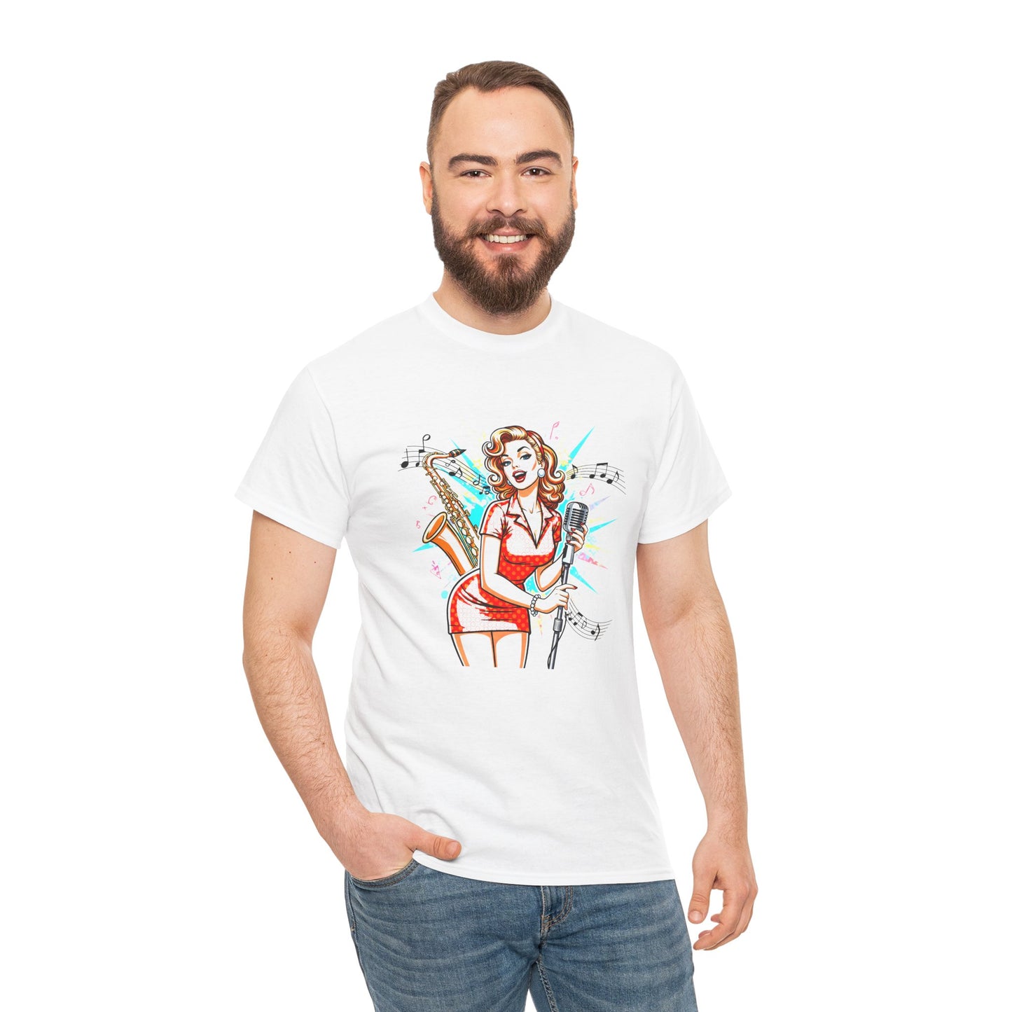 Pin-up Girl With Sax & Mic Tee, Unisex Heavy Cotton T-Shirt, Casual Statement Wear