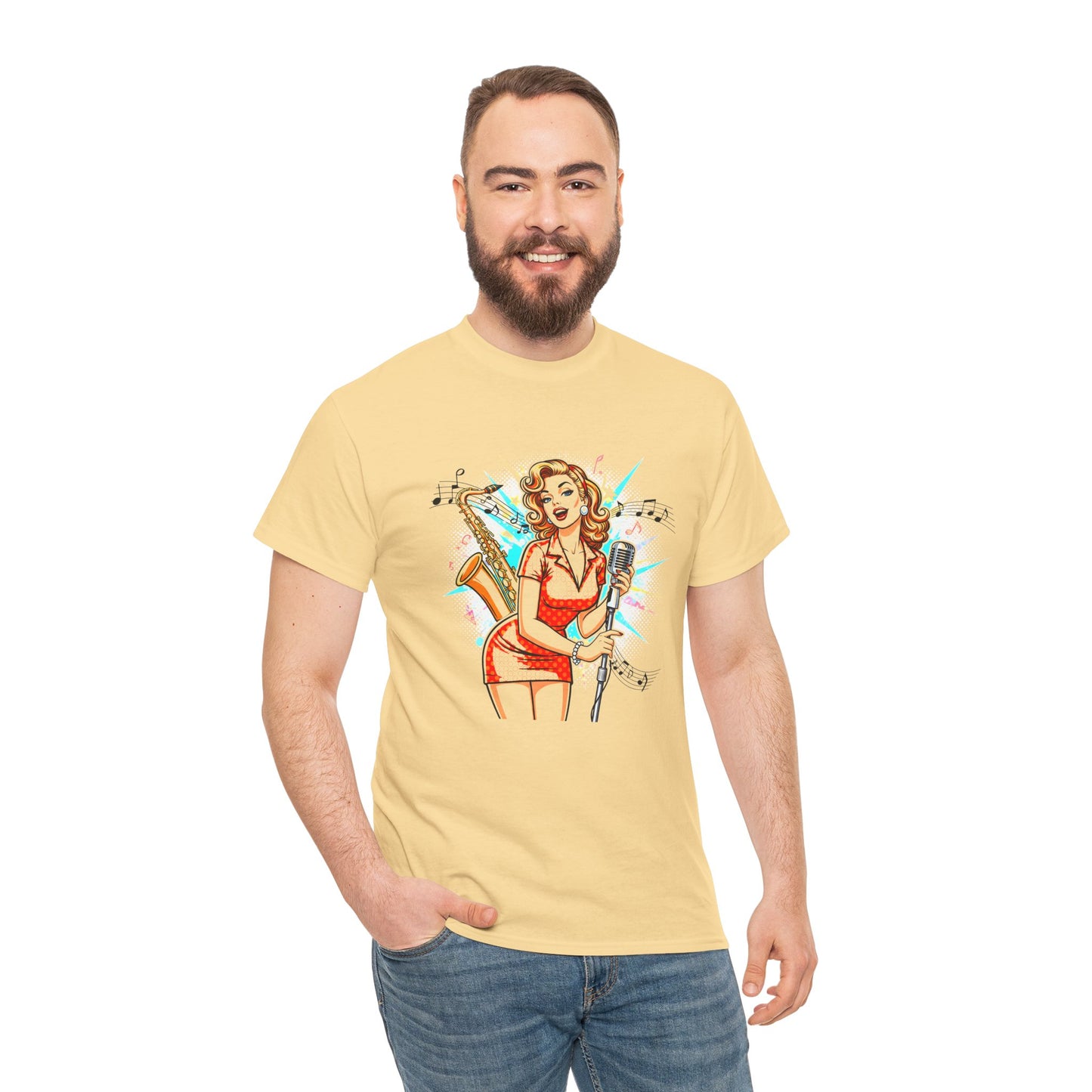 Pin-up Girl With Sax & Mic Tee, Unisex Heavy Cotton T-Shirt, Casual Statement Wear