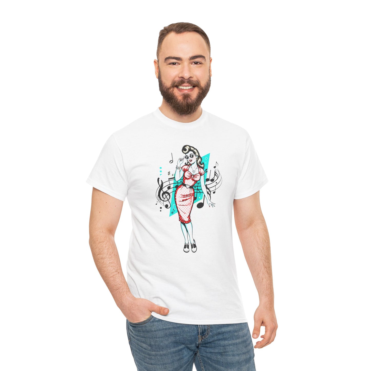 Pin-up Girl With Music Staff Notes Tee, Unisex Heavy Cotton T-Shirt, Casual Statement Wear