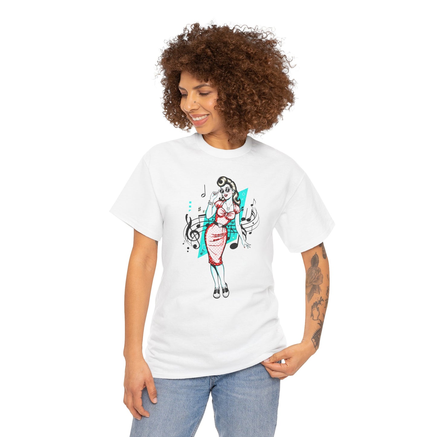 Pin-up Girl With Music Staff Notes Tee, Unisex Heavy Cotton T-Shirt, Casual Statement Wear