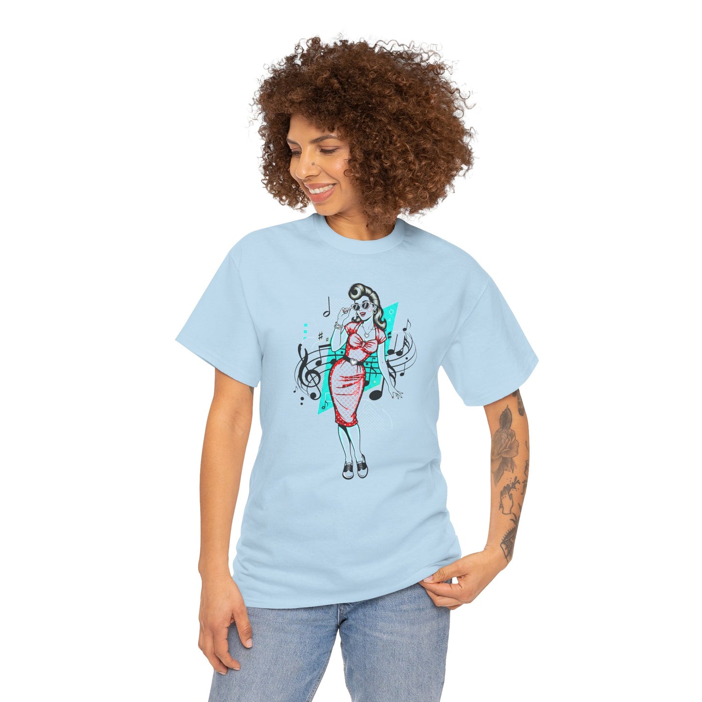 Pin-up Girl With Music Staff Notes Tee, Unisex Heavy Cotton T-Shirt, Casual Statement Wear