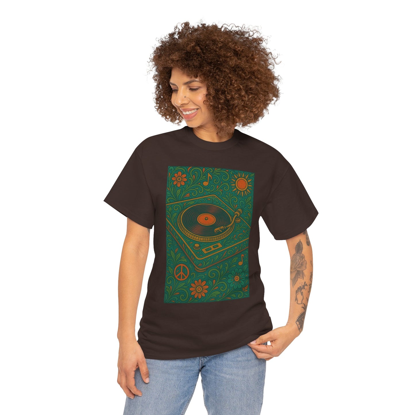 Retro Peace Love Turntable Tee Unisex Heavy Cotton T-Shirt Hipster Fashion