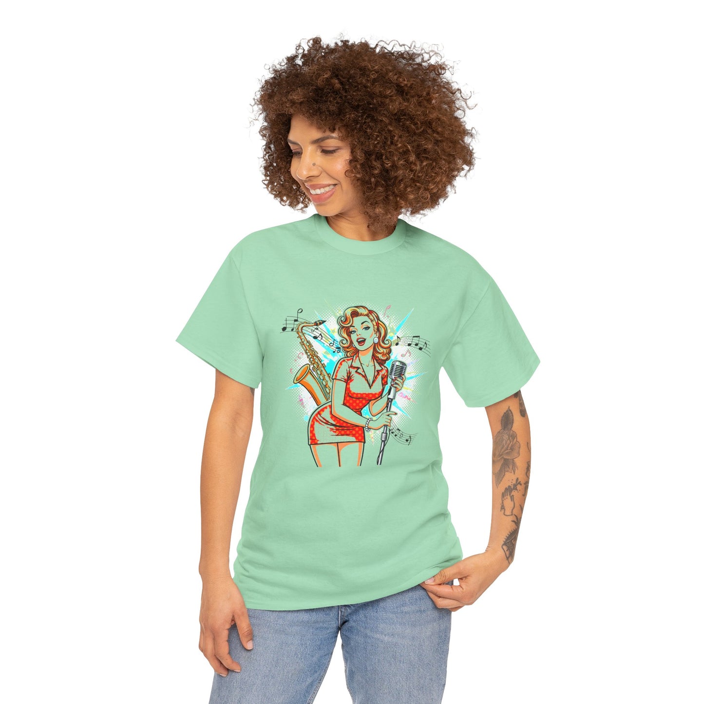 Pin-up Girl With Sax & Mic Tee, Unisex Heavy Cotton T-Shirt, Casual Statement Wear