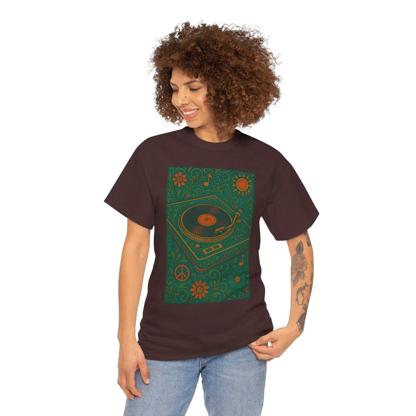 Retro Peace Love Turntable Tee Unisex Heavy Cotton T-Shirt Hipster Fashion