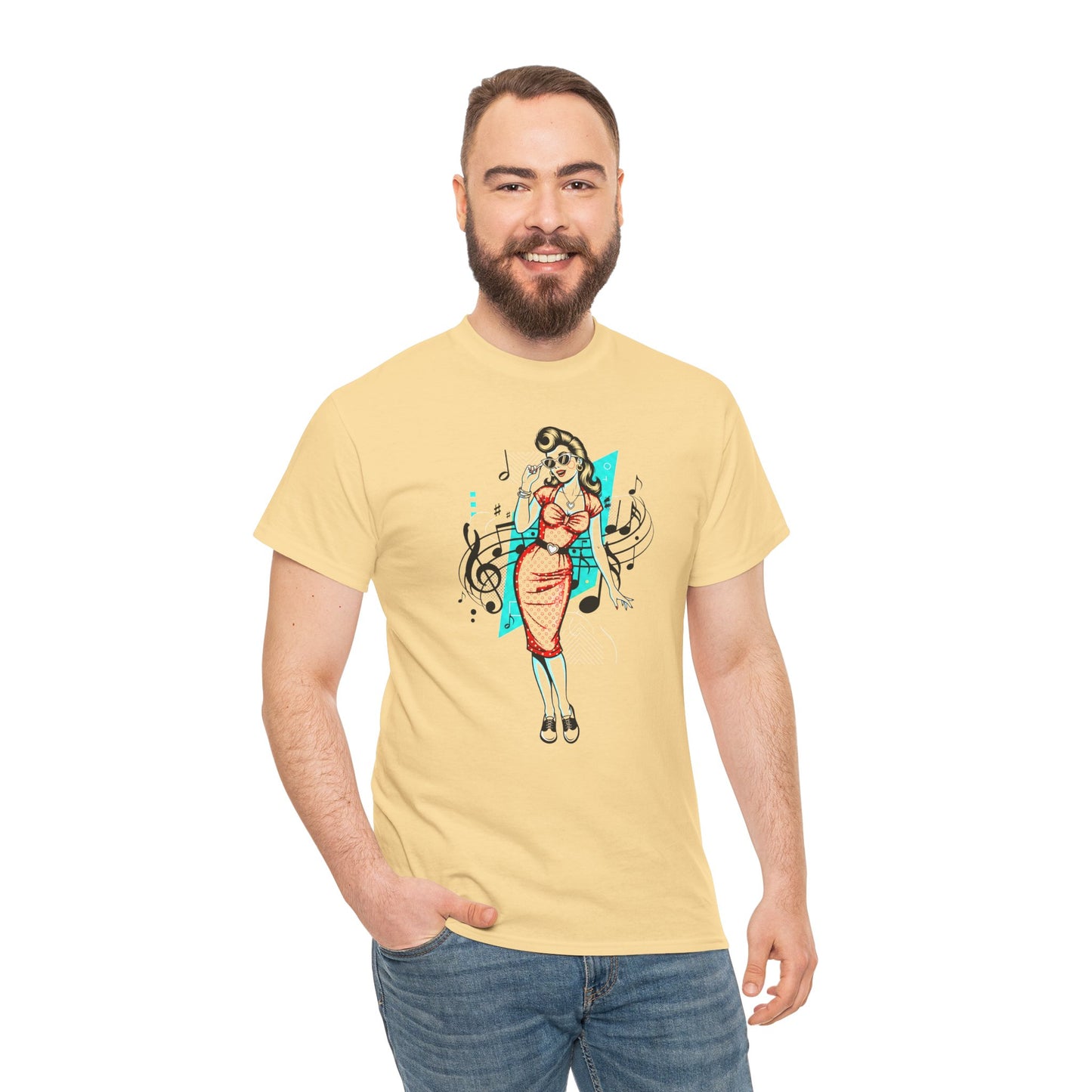 Pin-up Girl With Music Staff Notes Tee, Unisex Heavy Cotton T-Shirt, Casual Statement Wear